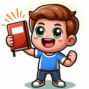 cartoon boy holding a journal triumphantly