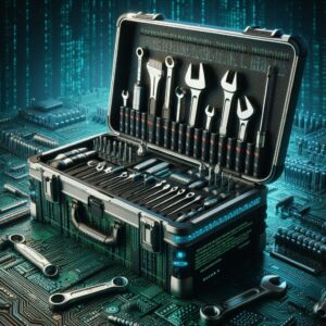 A toolbox with wrenches and other various tools that is styled in a matrix/computer-chip theme.