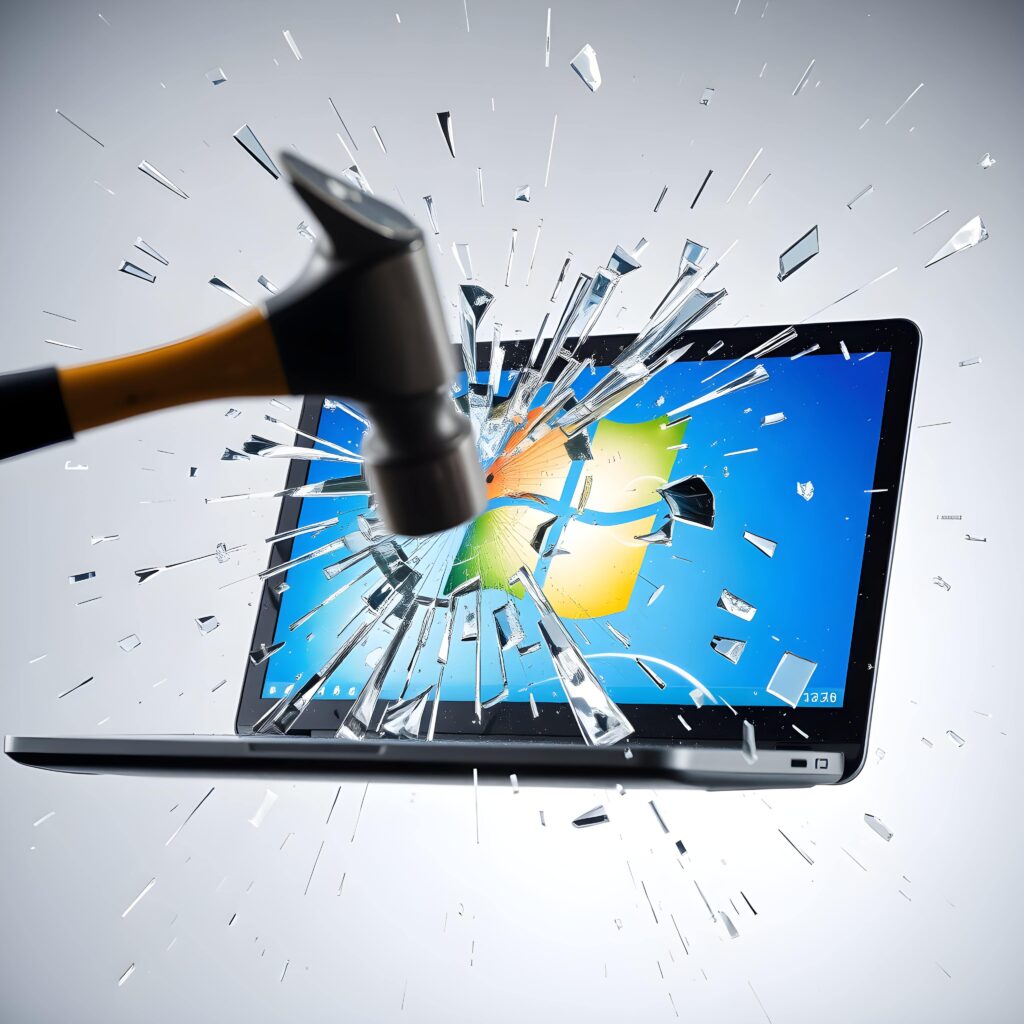 Windows laptop being smashed with hammer. Glass flying everywhere.