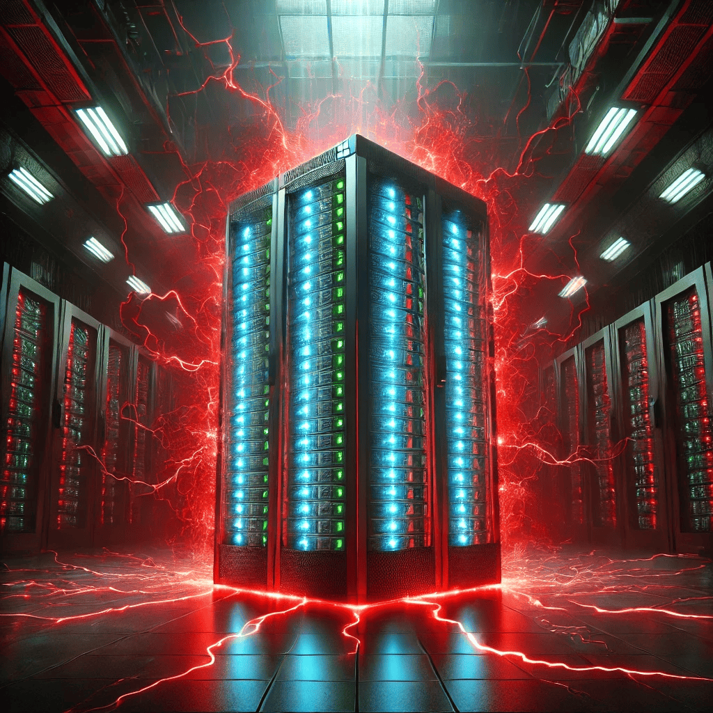 Server rack crackling with red electricity.