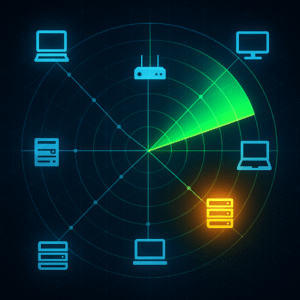 Radar scanning iconography of various connected laptops, servers, and routers.