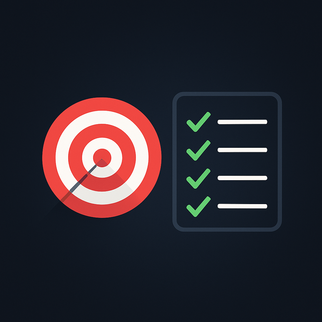Minimal vector illustration showing a red and white bullseye target next to a checklist with four neon green checkmarks on a dark gradient background.